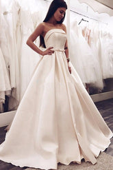 Elegant Ball Gown Strapless Satin Long Wedding Dresses with Bow,Cute Wedding Dresses